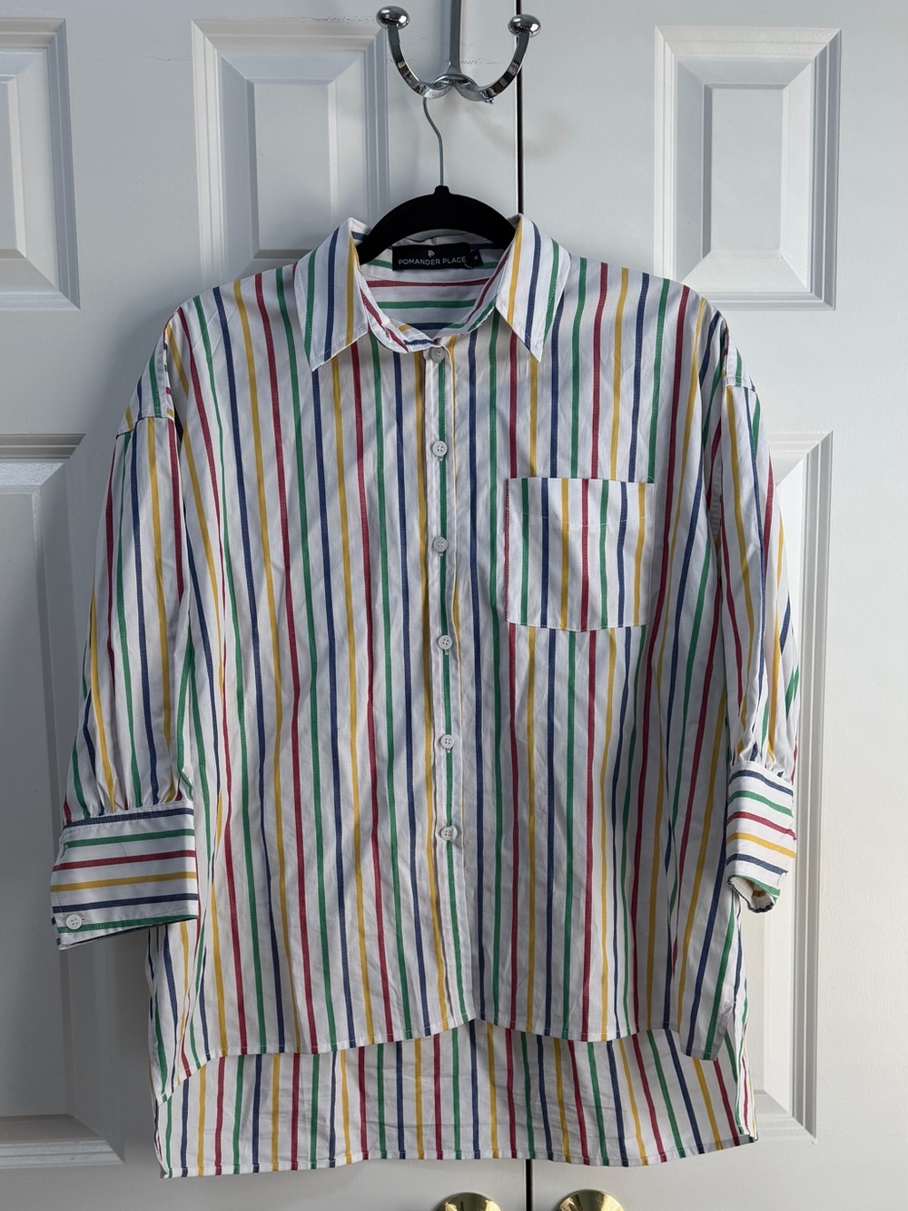 Pomander Place Women’s Multicolor Vertical Stripe Button-Down Shirt - White Base